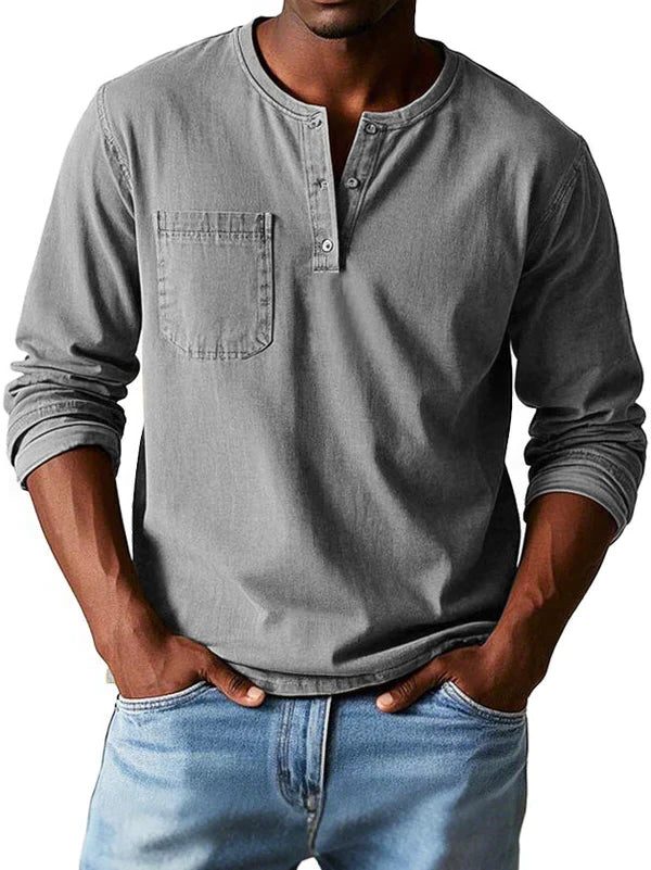 Henley Button-Front Long Sleeve Shirt for Men - Gray