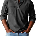 Henley Button-Front Long Sleeve Shirt for Men - Black