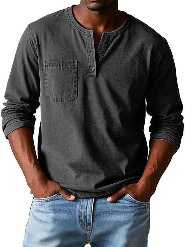 Henley Button-Front Long Sleeve Shirt for Men - Black