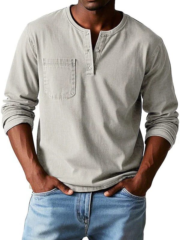 Henley Button-Front Long Sleeve Shirt for Men - Beige