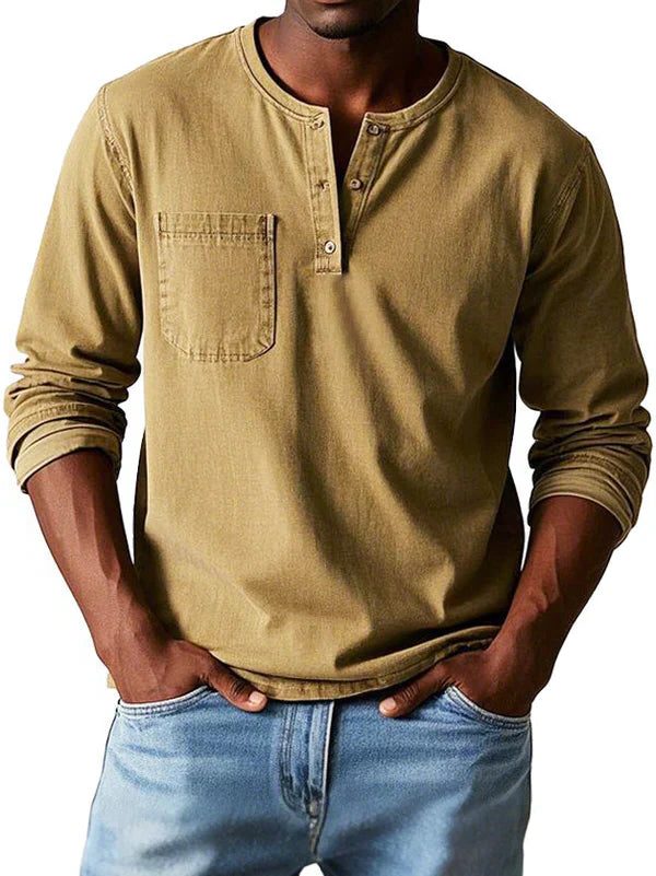 Henley Button-Front Long Sleeve Shirt for Men - Khaki