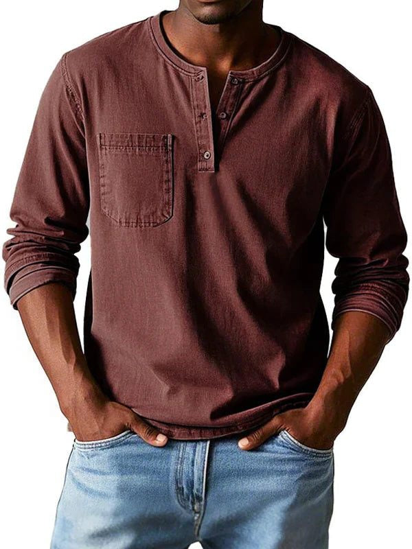 Henley Button-Front Long Sleeve Shirt for Men - Red