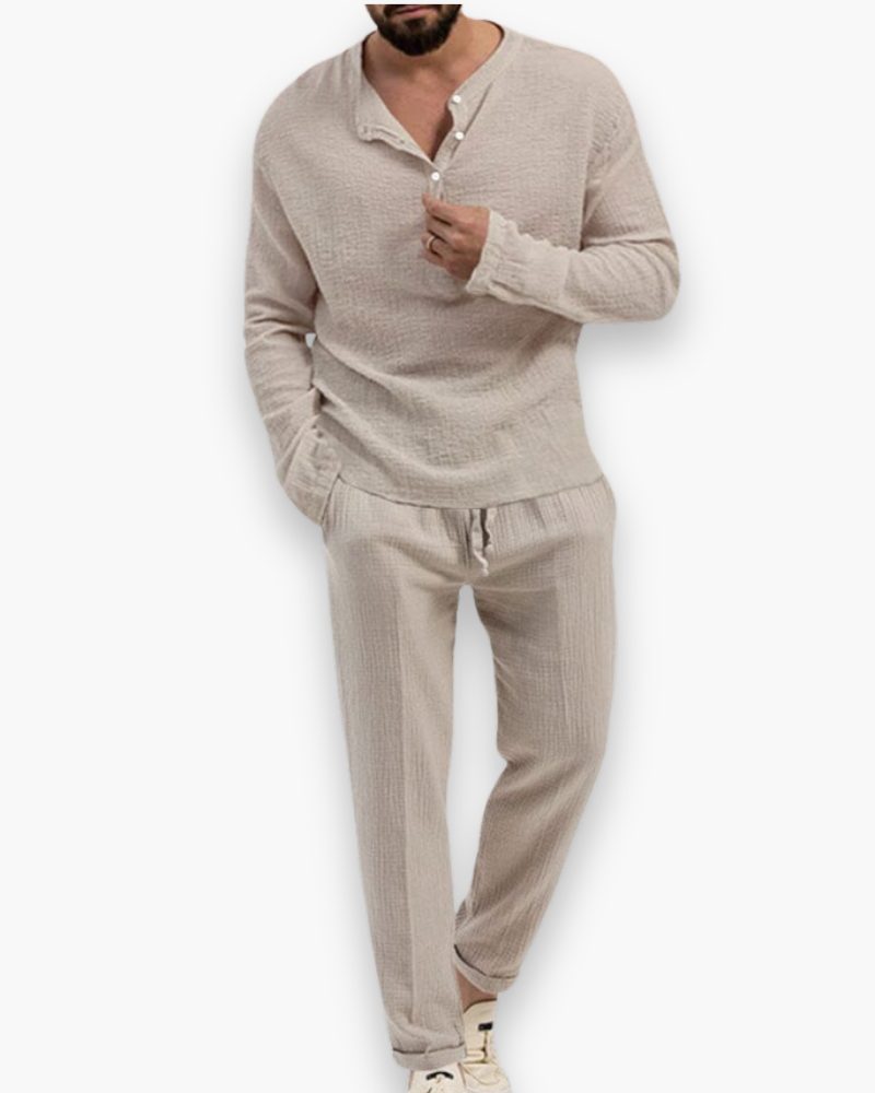 Henley Long Sleeve Set for Men - Beige