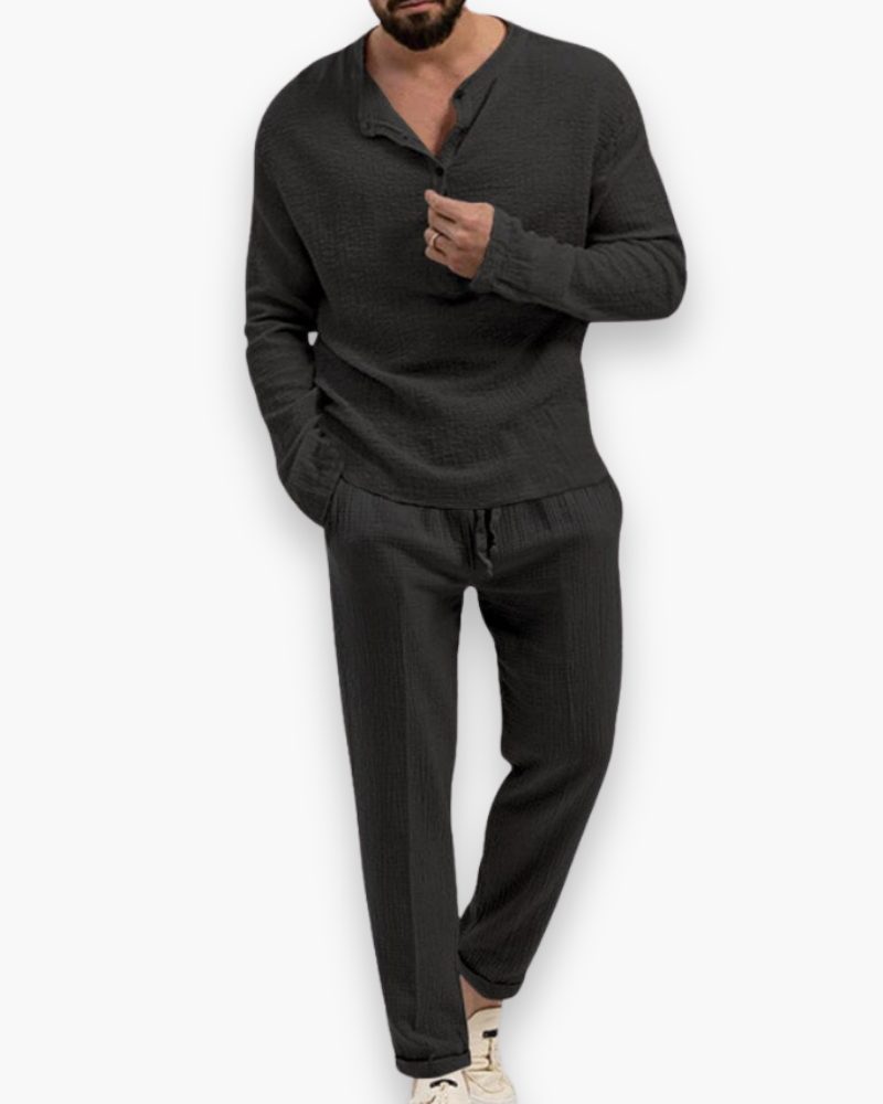 Henley Long Sleeve Set for Men - Black