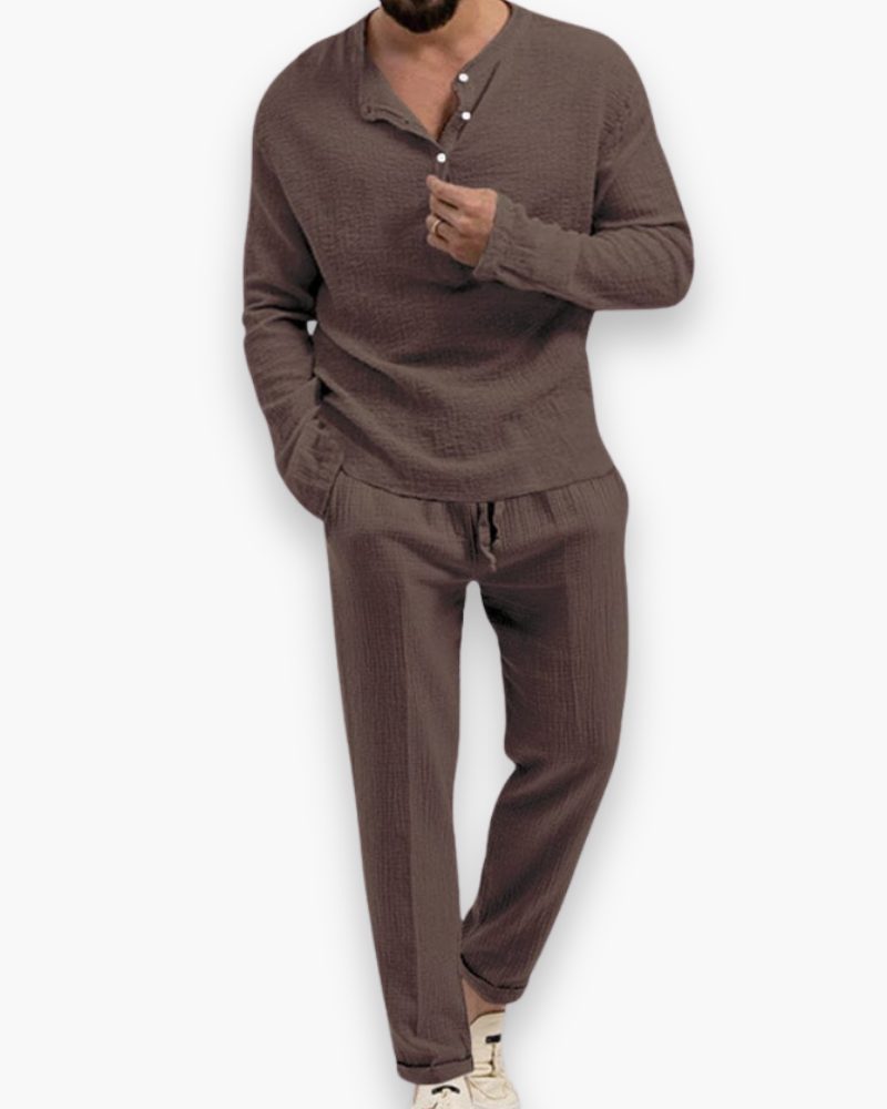 Henley Long Sleeve Set for Men - Brown
