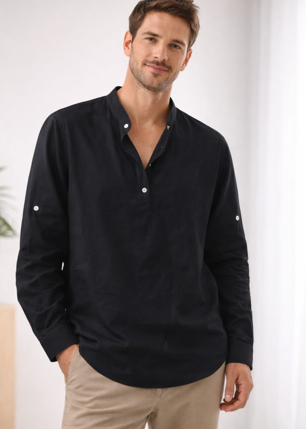 Henley Long Sleeve Shirt for Men - Schwarz