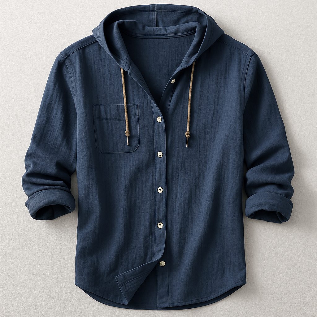 Hooded Button-Down Shirt for Men - Navy Blue