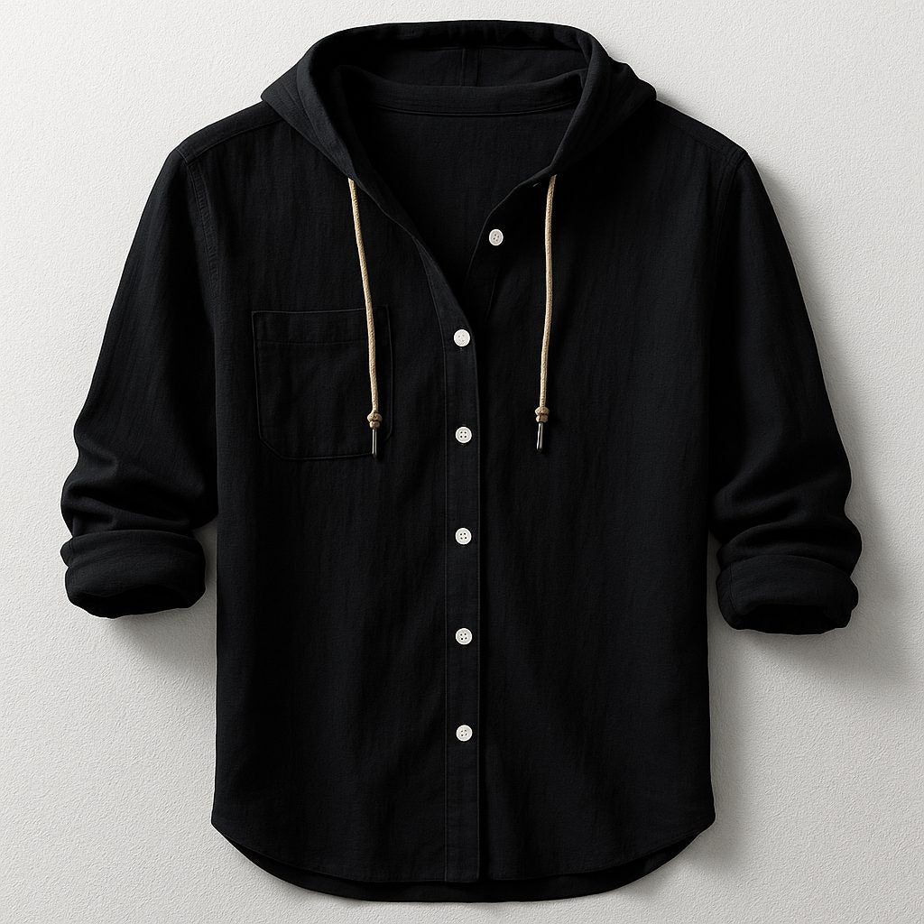 Hooded Button-Down Shirt for Men - Black