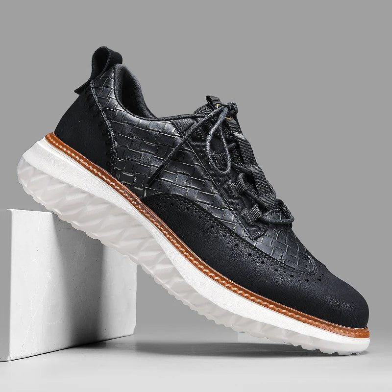 Lace-Up Mesh Leather Sneakers for Men - Black