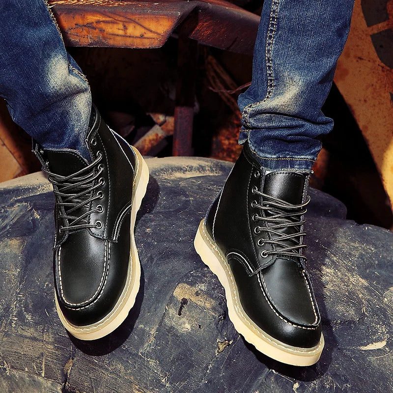 Lace-Up Moc Toe Work Boots for Men - Black