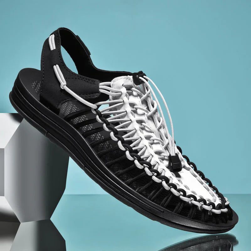 Lace-Up Woven Closed Toe Sandals for Men - Black-White
