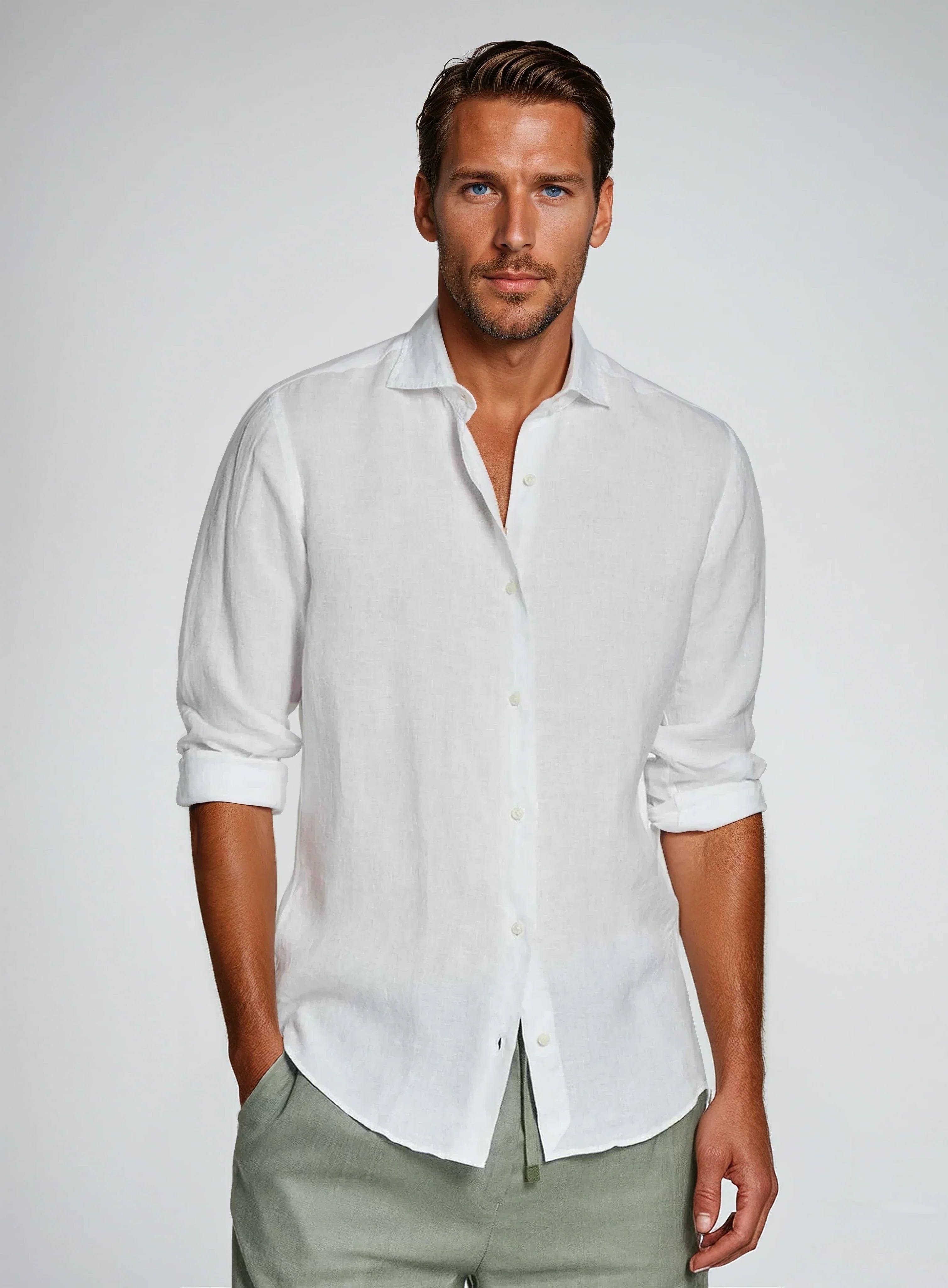 Lapel Collar Linen Long Sleeve Shirt for Men