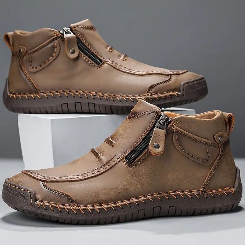 Leather Lace-Up Ankle Boots for Men - Khaki
