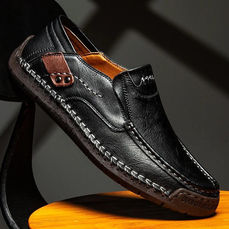Leather Slip-On Moccasin Loafers for Men - Black