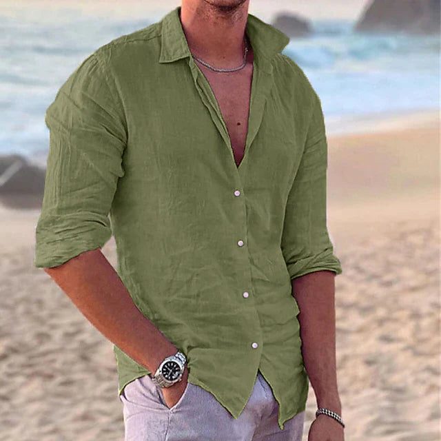 Linen Blend Button-Down Shirt for Men - Green
