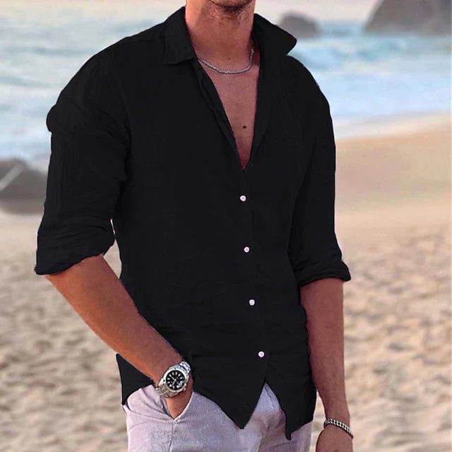 Linen Blend Button-Down Shirt for Men - Black