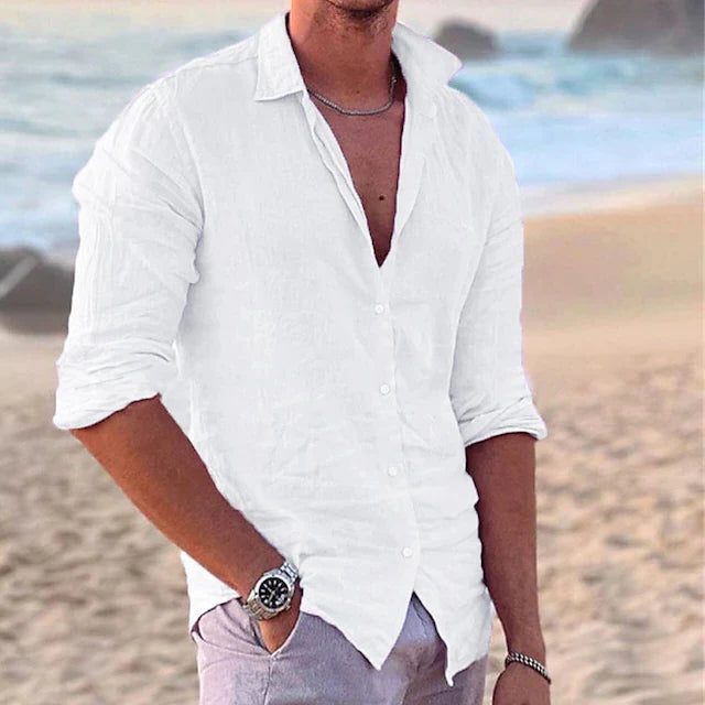 Linen Blend Button-Down Shirt for Men - White