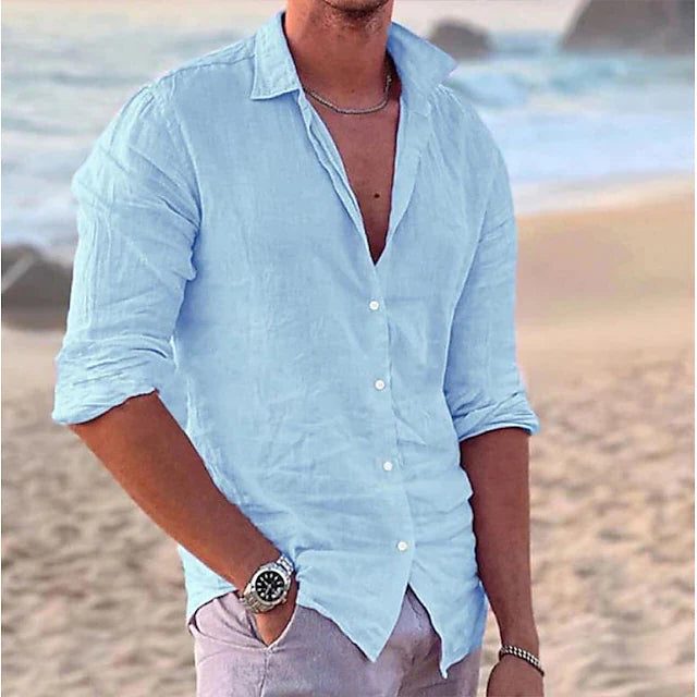 Linen Blend Button-Down Shirt for Men - Blue