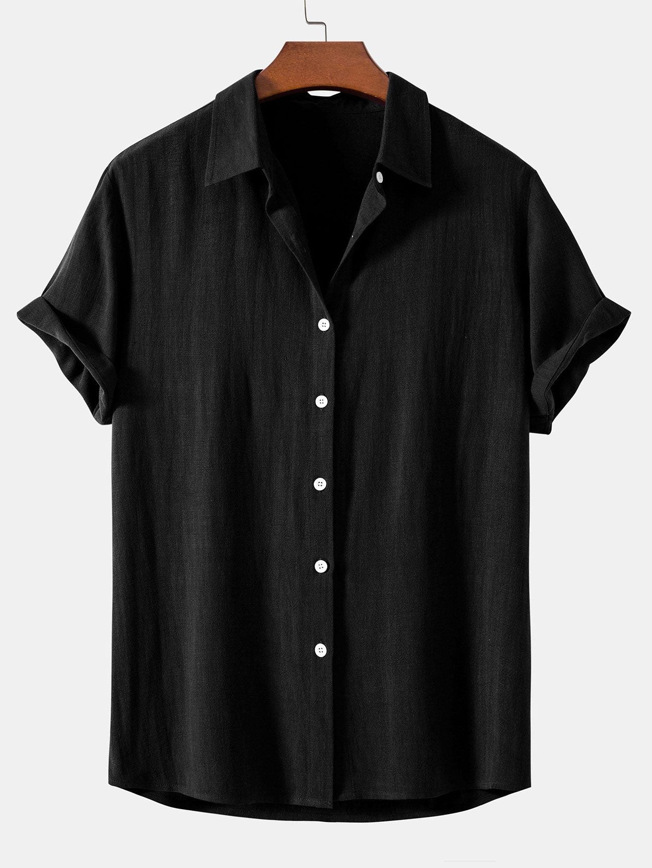 Linen Blend Relaxed Button-Down Shirt for Men - Black