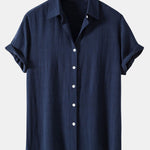 Linen Blend Relaxed Button-Down Shirt for Men - Navy Blue