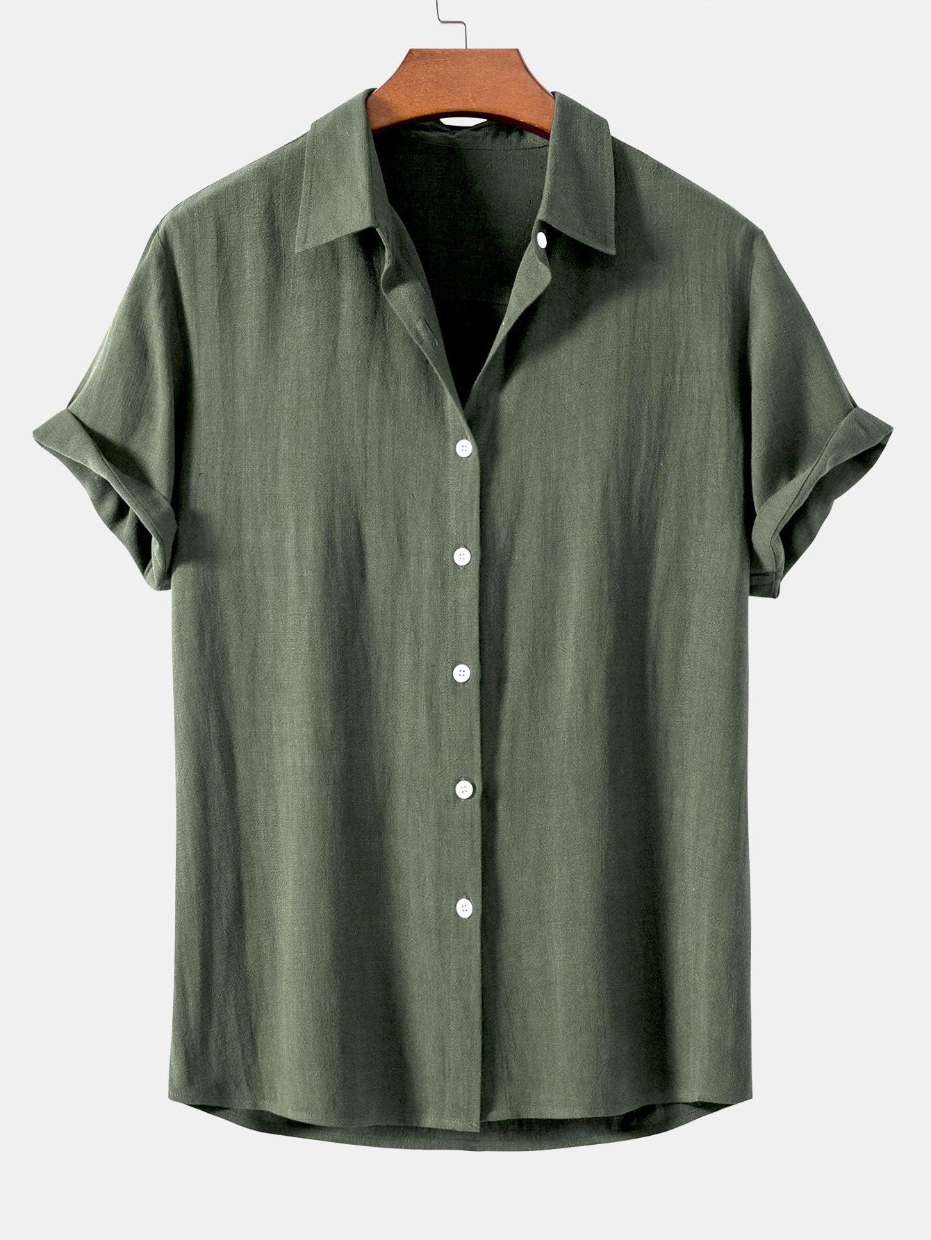 Linen Blend Relaxed Button-Down Shirt for Men - Olive Green
