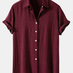 Linen Blend Relaxed Button-Down Shirt for Men - Wine Red