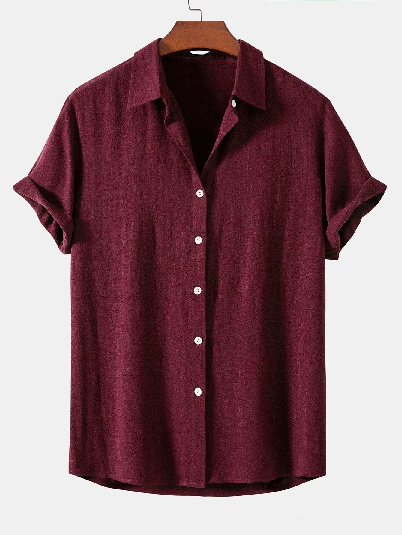 Linen Blend Relaxed Button-Down Shirt for Men - Wine Red
