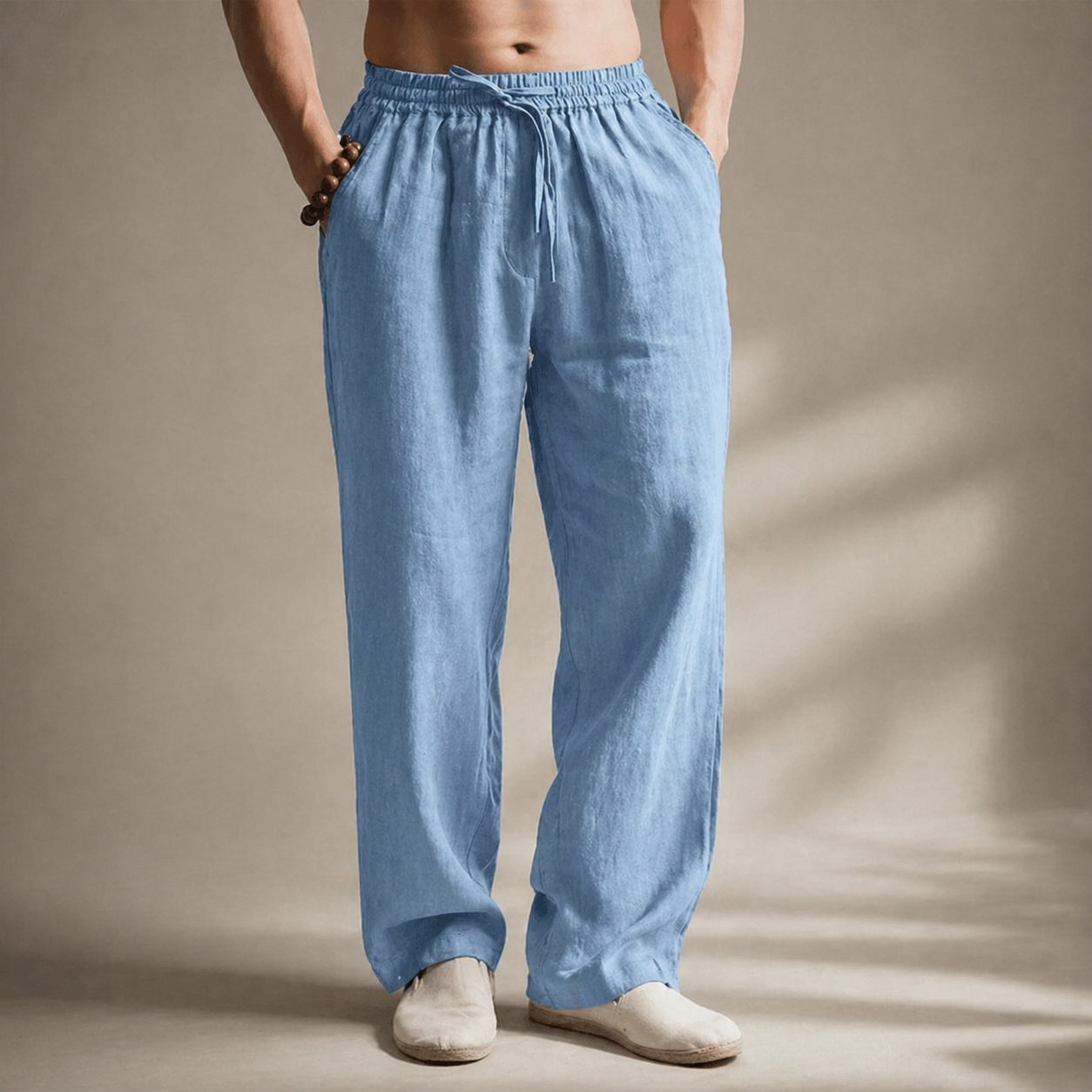Linen Blend Straight Leg Trousers for Men - Blue