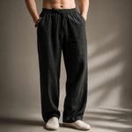 Linen Blend Straight Leg Trousers for Men - Black