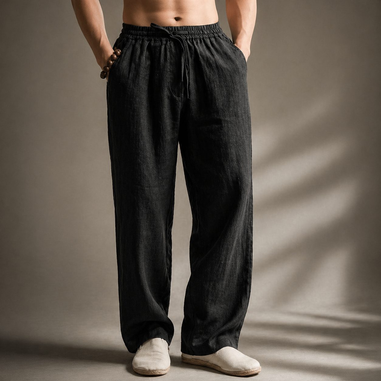 Linen Blend Straight Leg Trousers for Men - Black