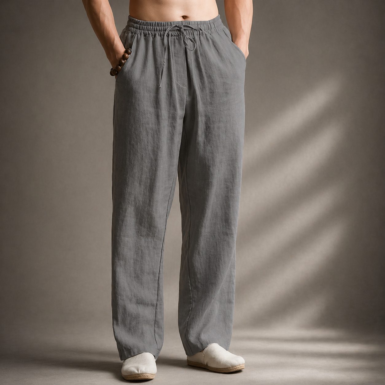 Linen Blend Straight Leg Trousers for Men - Grey