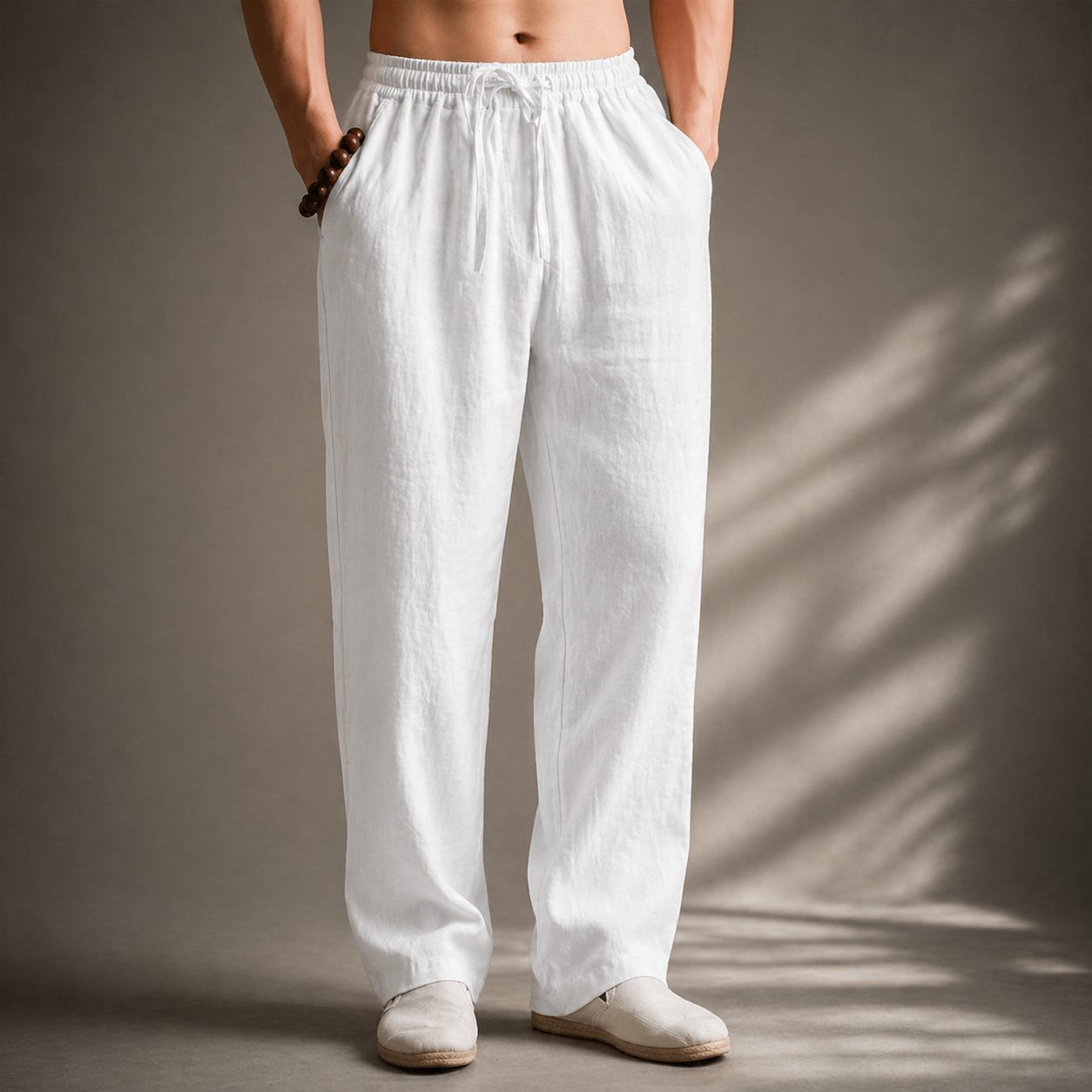 Linen Blend Straight Leg Trousers for Men - White