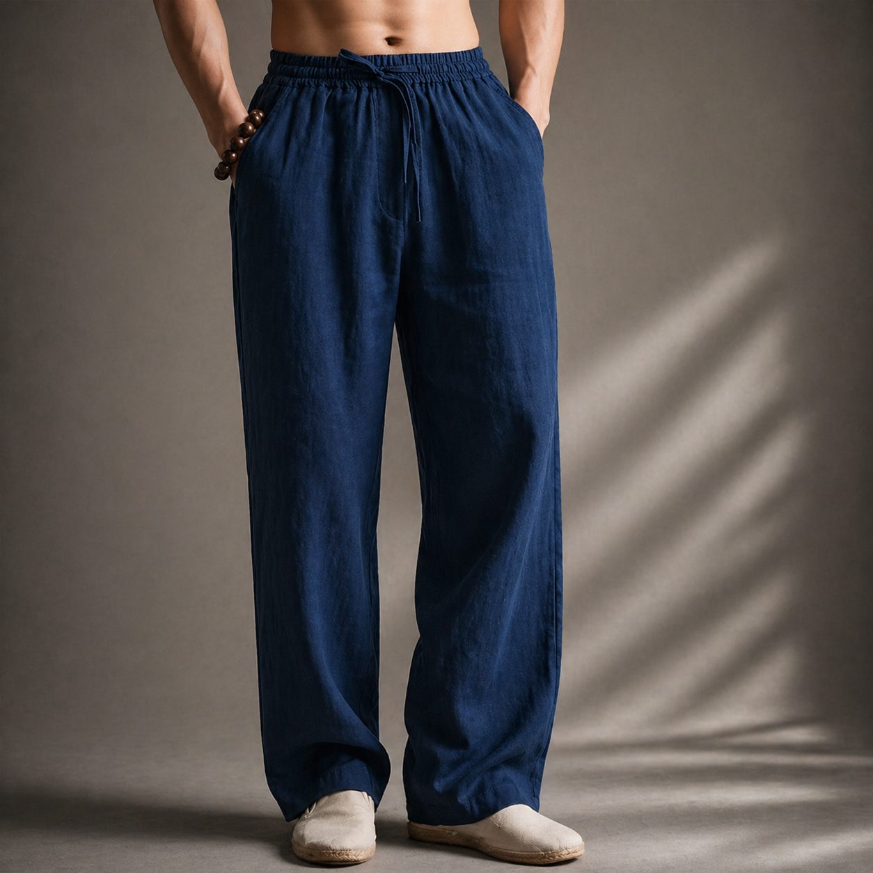Linen Blend Straight Leg Trousers for Men - Navy Blue