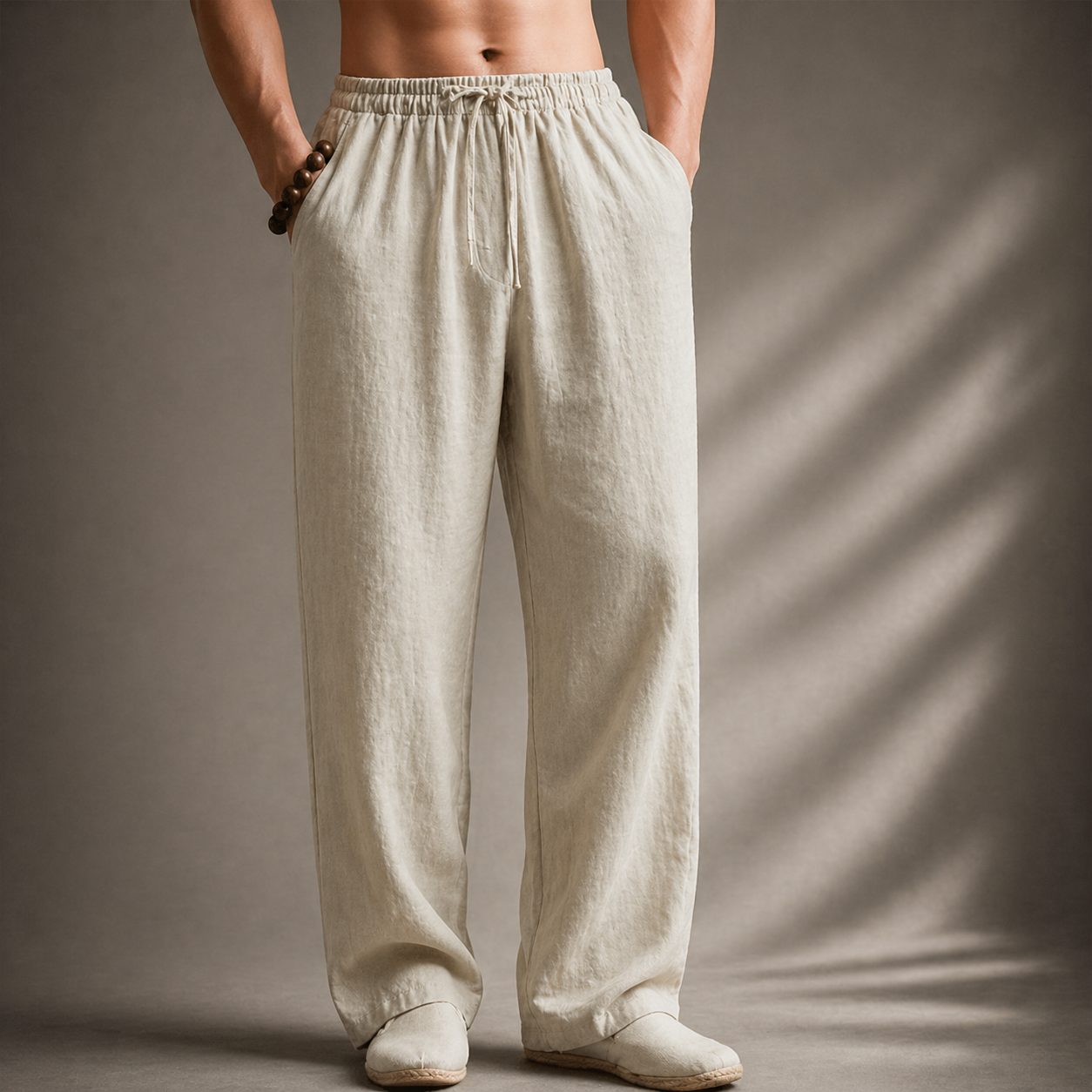Linen Blend Straight Leg Trousers for Men - Beige