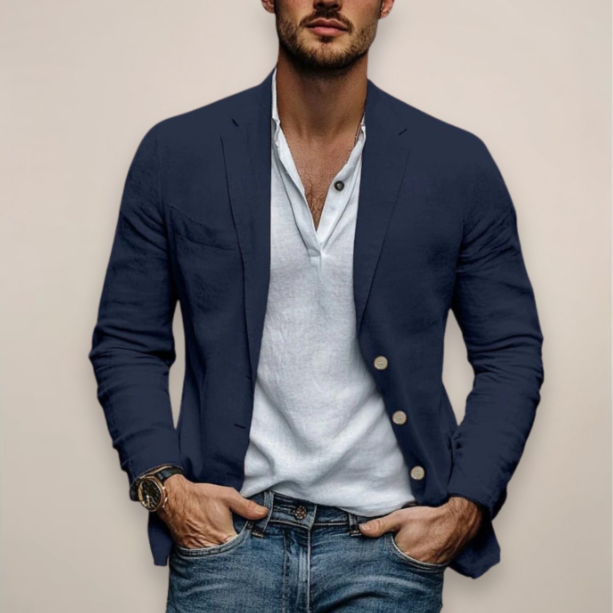 Linen Button-Down Blazer for Men - Navy