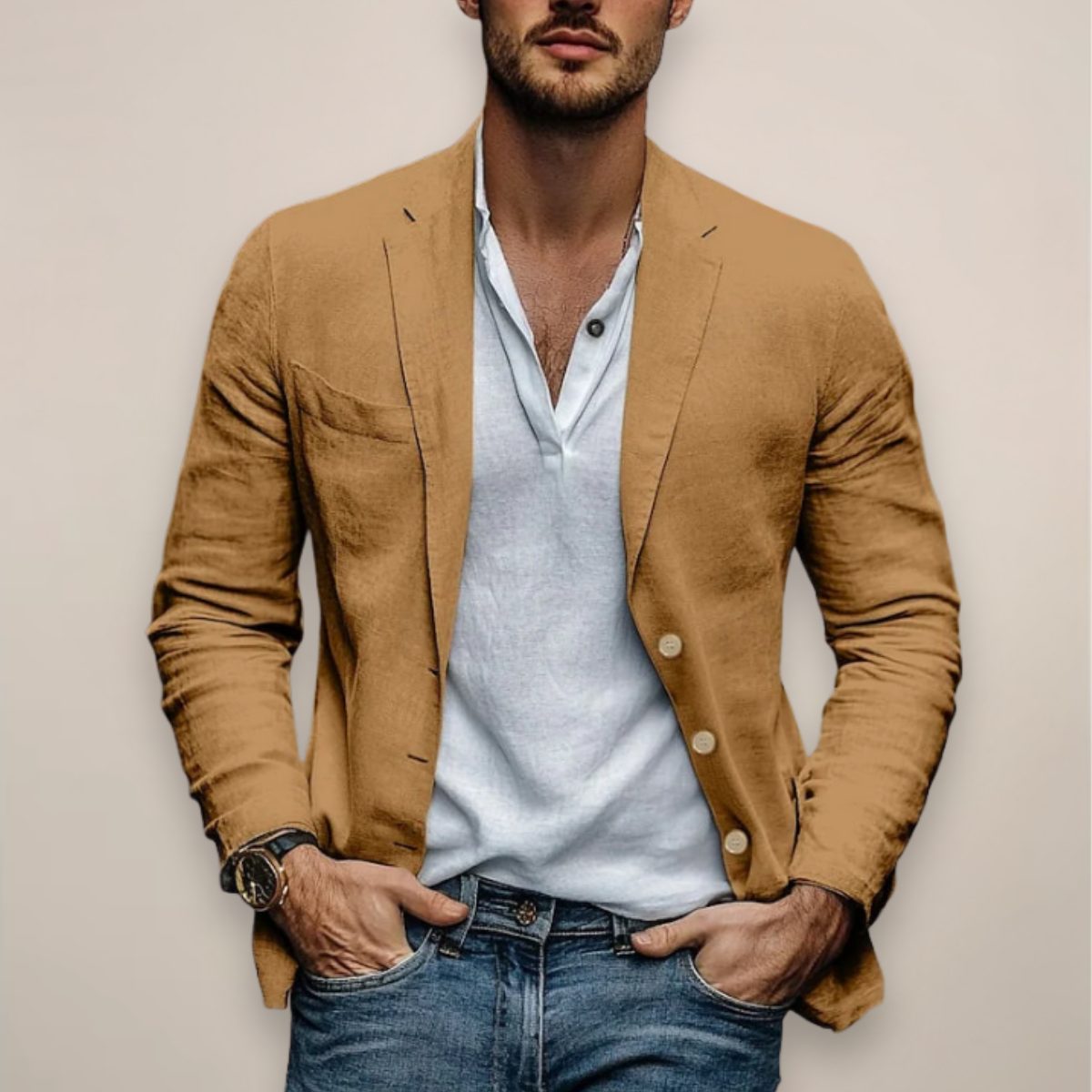 Linen Button-Down Blazer for Men - Khaki