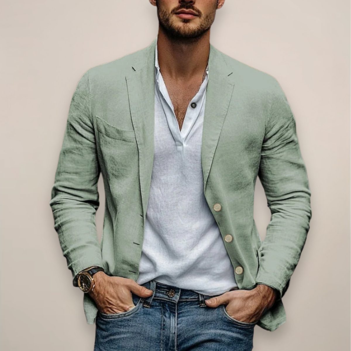 Linen Button-Down Blazer for Men - Sage Green