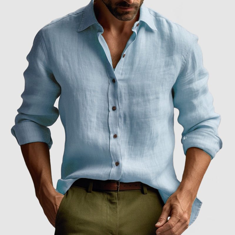 Linen Button-Down Collar Long Sleeve Shirt for Men - Light Blue