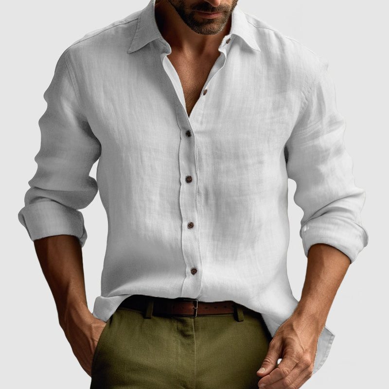 Linen Button-Down Collar Long Sleeve Shirt for Men - White