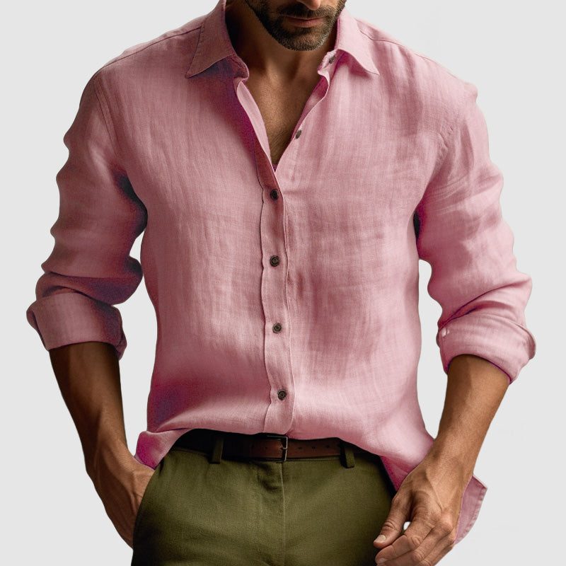 Linen Button-Down Collar Long Sleeve Shirt for Men - Pink