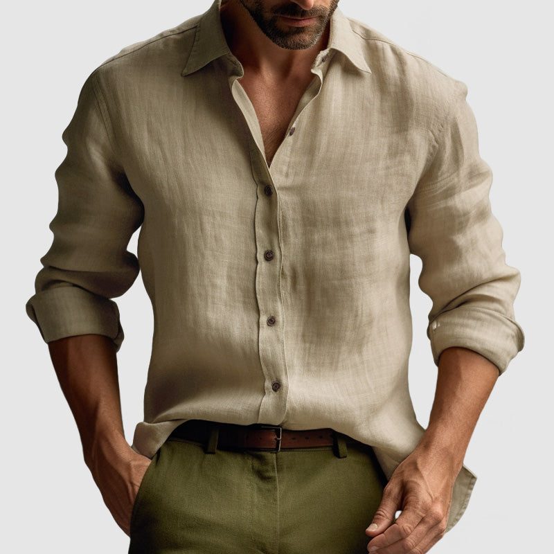 Linen Button-Down Collar Long Sleeve Shirt for Men - Khaki