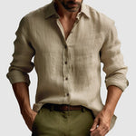 Linen Button-Down Collar Long Sleeve Shirt for Men - Khaki