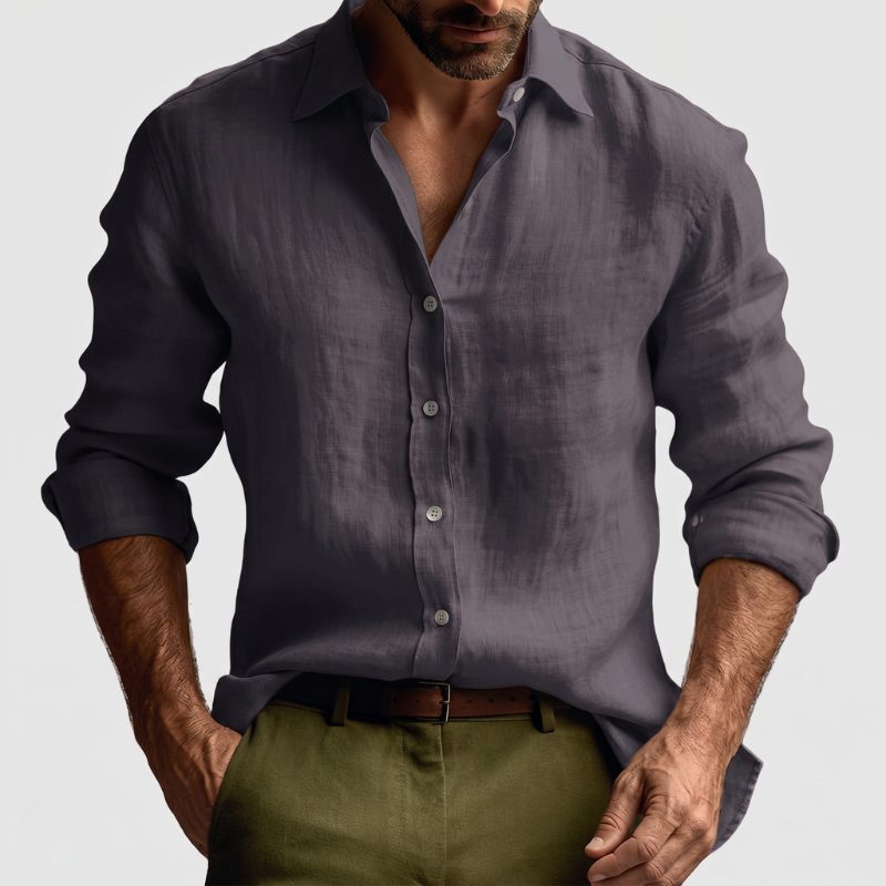 Linen Button-Down Collar Long Sleeve Shirt for Men - Coffee