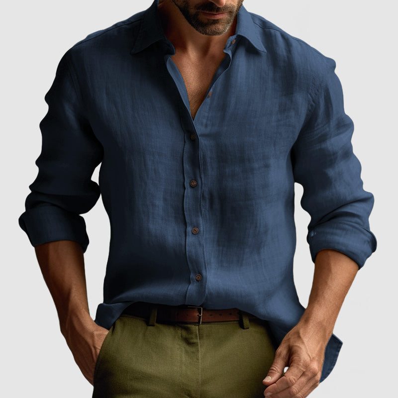 Linen Button-Down Collar Long Sleeve Shirt for Men - Navy Blue