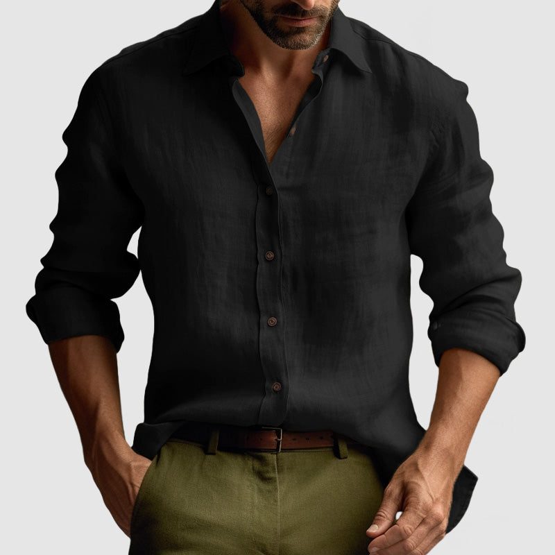 Linen Button-Down Collar Long Sleeve Shirt for Men - Black