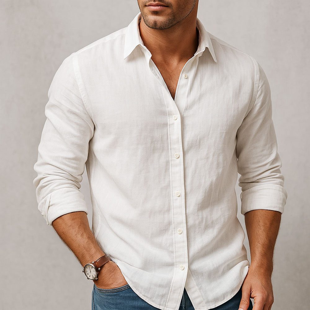 Linen Button-Down Overshirt for Men - White