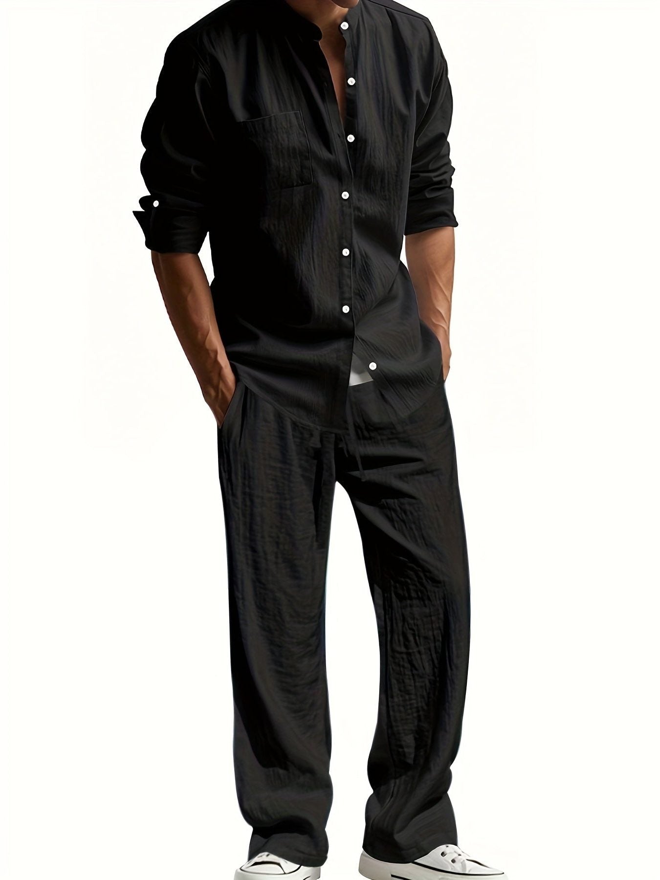 Linen Button-Down Set for Men - Black
