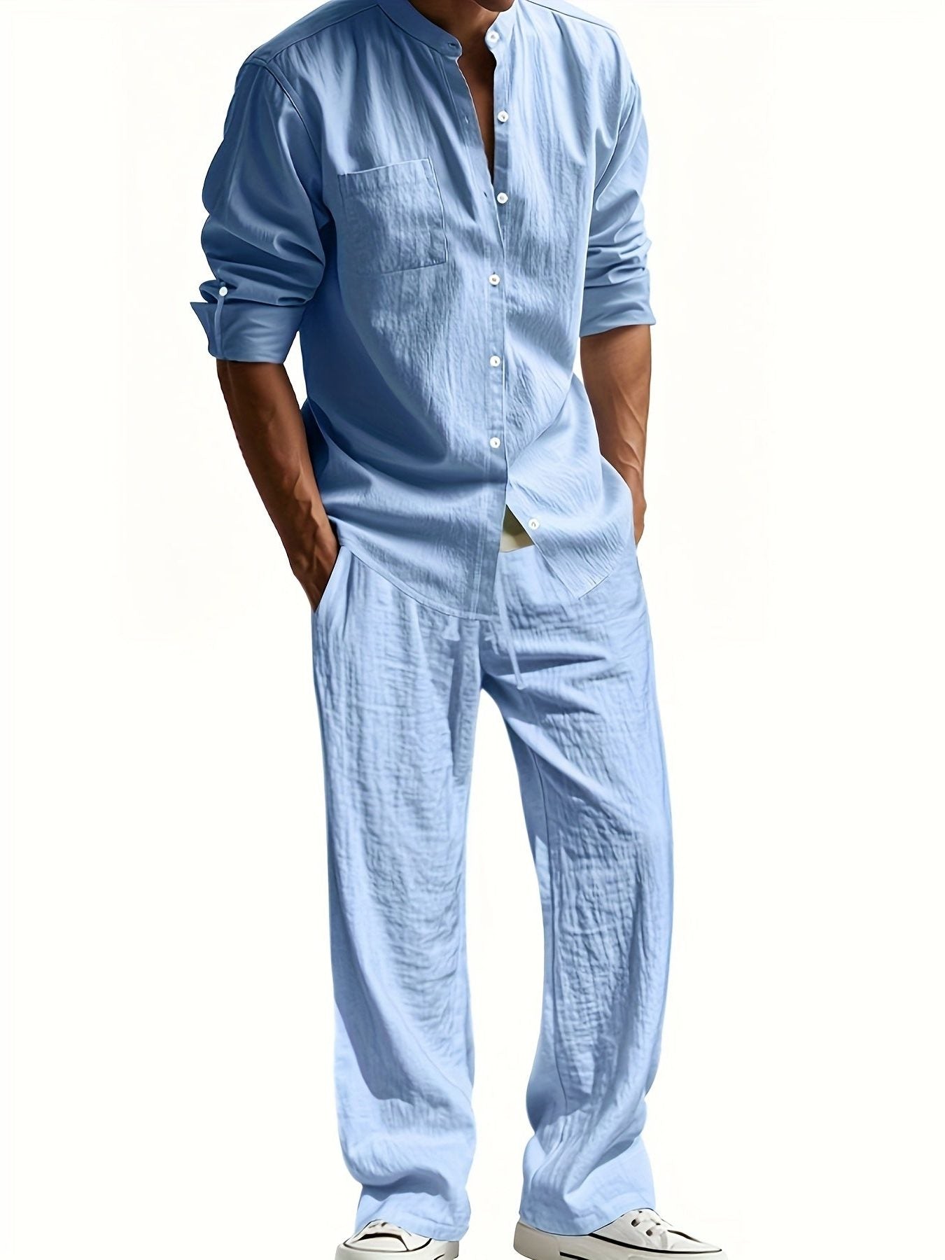 Linen Button-Down Set for Men - Blue