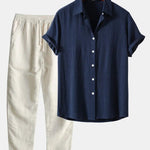 Linen Button-Down Shirt and Straight Leg Trousers Set for Men