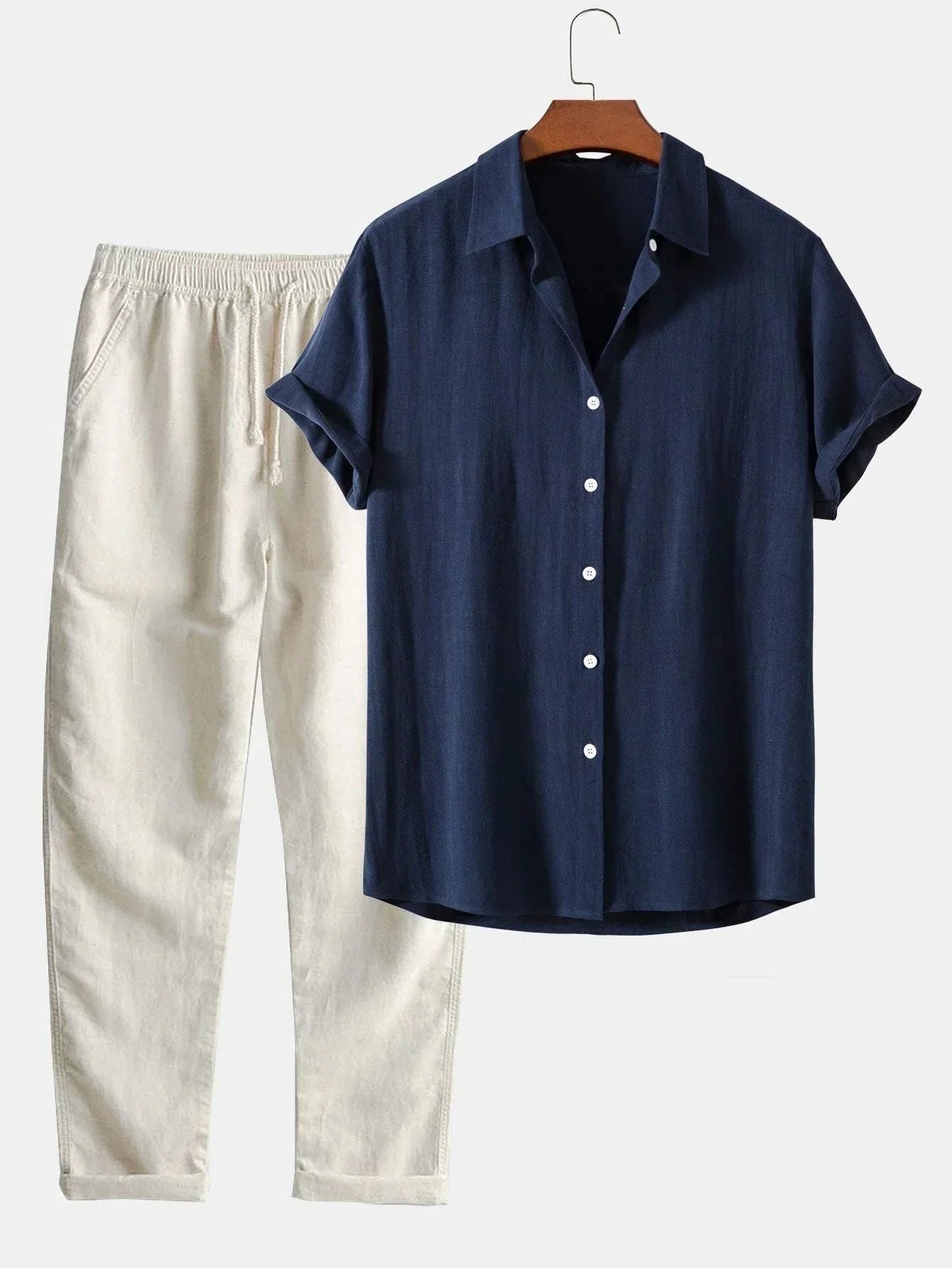 Linen Button-Down Shirt and Straight Leg Trousers Set for Men